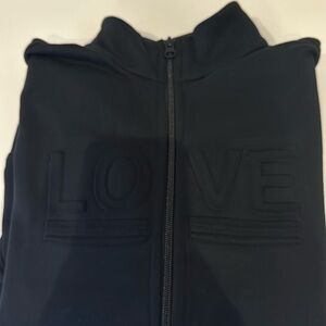 Lucky In Love sweat jacket, “LOVE”, Black, pockets, never worn, great condition